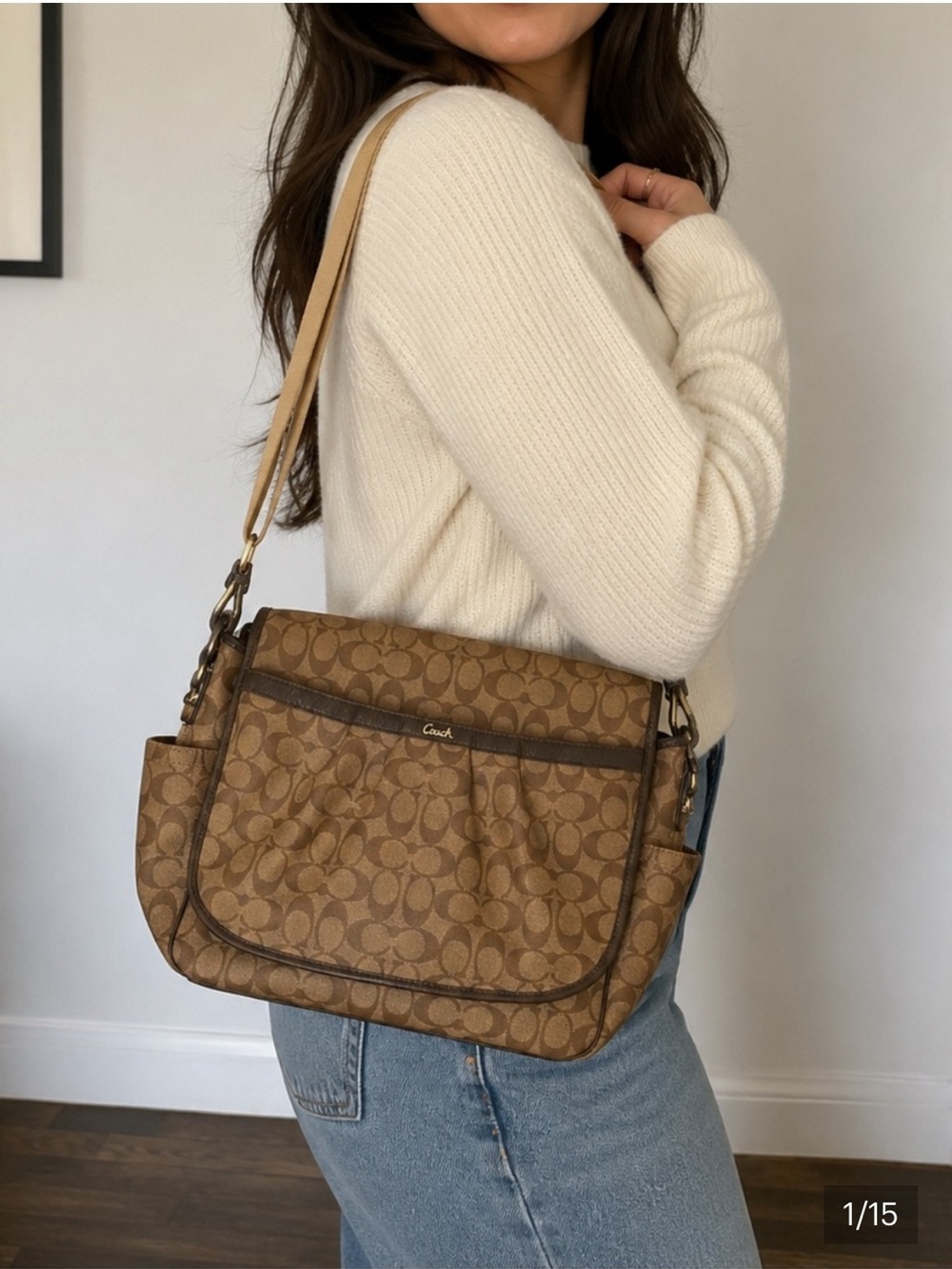 Coach Brown Signature Canvas Messenger Bag with Dark Brown Trim